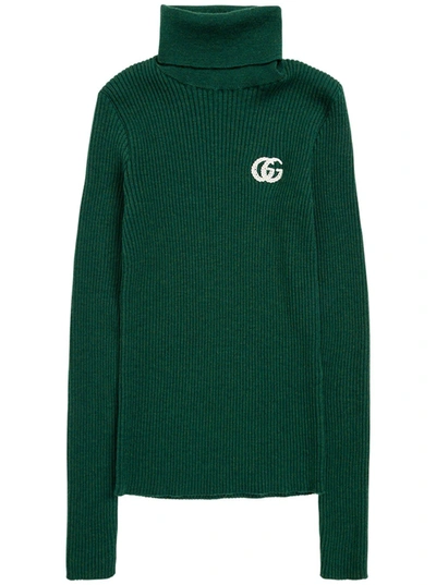 Shop Gucci High Neck Sweater In Green Wool With Logo