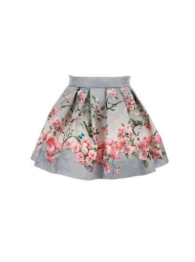 Shop Monnalisa Floral Skirt In Cotton Blend In Grey