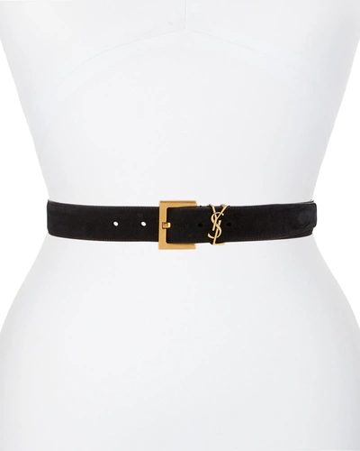 Shop Saint Laurent Ysl Monogram Suede Belt In Black/gold