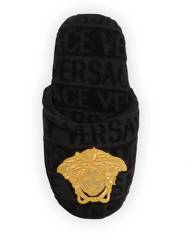 Shop Versace Men's Medusa Logomania Slippers In Black/gold