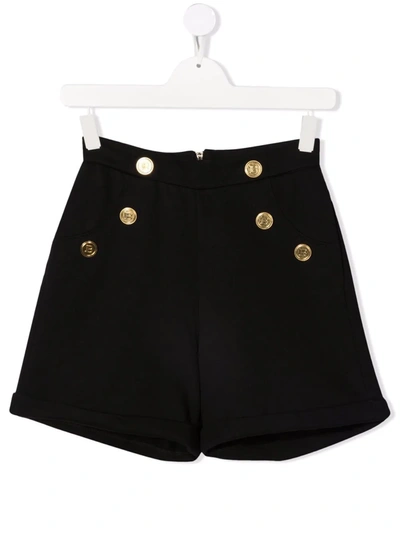 Shop Balmain Teen Buttoned Cotton Shorts In Black