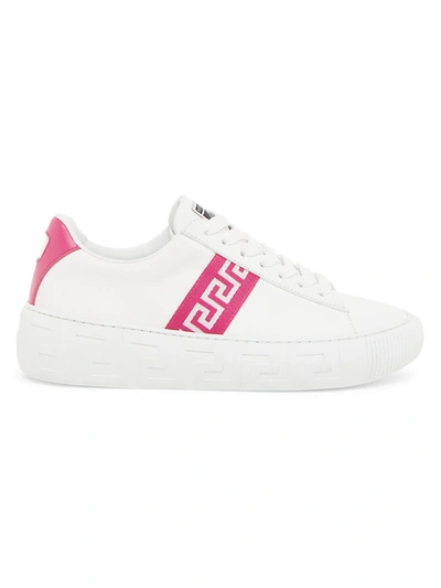 Shop Versace Women's La Greca Ribbon-trim Leather Sneakers In Bianco Pink