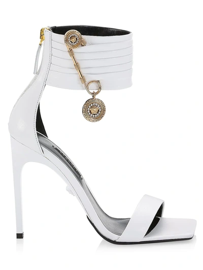 Shop Versace Safety Pin Ankle-cuff Leather Sandals In Bianco