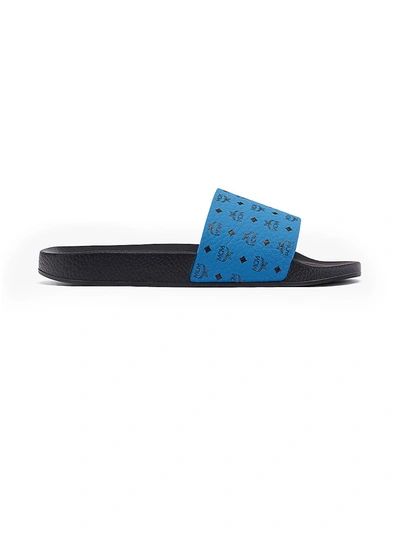 Shop Mcm Men's Logo Leather Pool Slide Sandals In Vallarta Blue