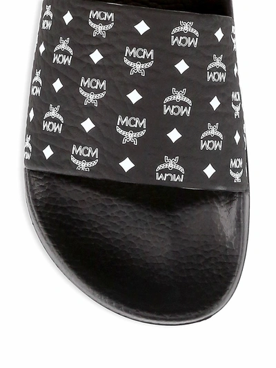 Shop Mcm Men's Logo Leather Pool Slide Sandals In Vallarta Blue