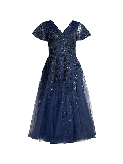 Shop Mac Duggal Women's Beaded Tulle Tea-length Dress In Midnight