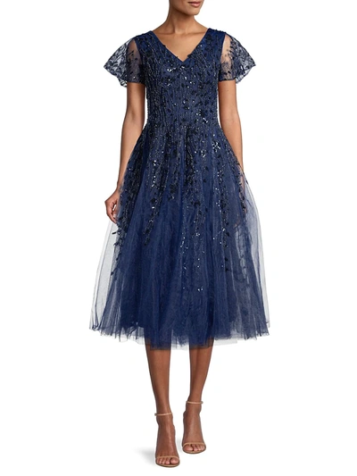 Shop Mac Duggal Women's Beaded Tulle Tea-length Dress In Midnight