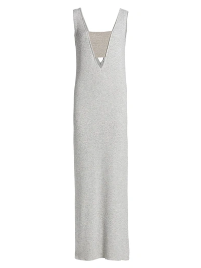 Shop Brunello Cucinelli Cashmere Cutout Ribbed Maxi Dress In Pearl Grey