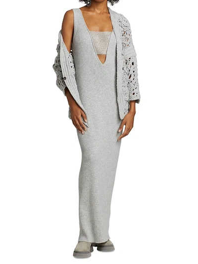 Shop Brunello Cucinelli Cashmere Cutout Ribbed Maxi Dress In Pearl Grey