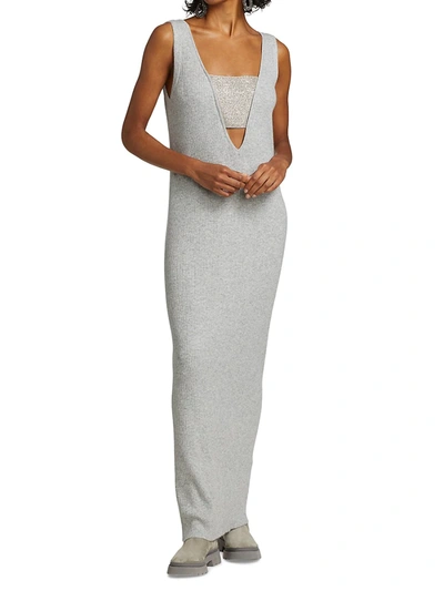 Shop Brunello Cucinelli Cashmere Cutout Ribbed Maxi Dress In Pearl Grey