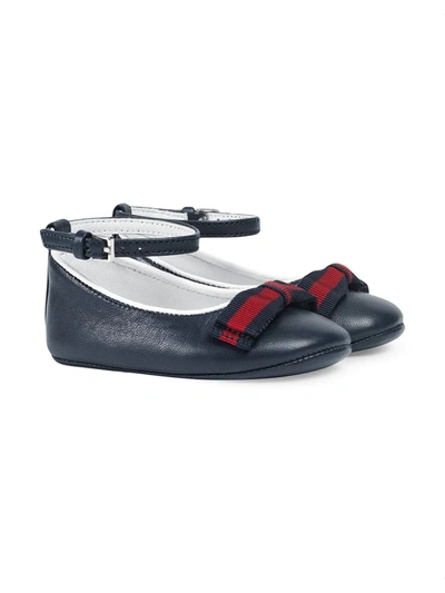 Shop Gucci Baby Leather Ballet Flat With Web In Blue