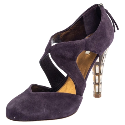 Pre-owned Miu Miu Purple Suede Cut Out Embellished Heel Round Toe Pumps Size 39.5