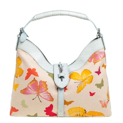 Pre-owned Valentino Garavani Multicolor Butterfly Print Canvas And Croc Embossed Leather Hobo