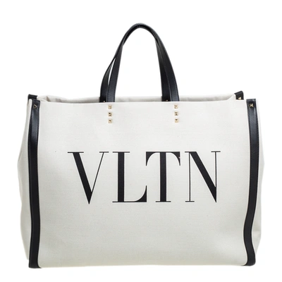 Pre-owned Valentino Garavani White/black Canvas And Leather Large Vltn Logo Tote