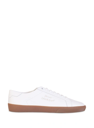 Shop Saint Laurent Court Classic Sl/06 Embroidered Sneakers In Grained Leather In Bianco