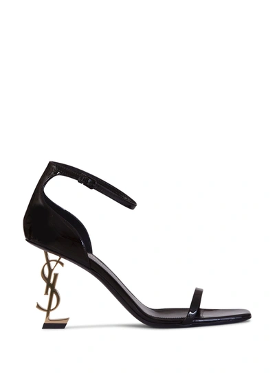 Shop Saint Laurent Opyum Sandals In Patent Leather With A Gold-toned Heel In Nero