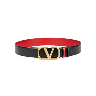 Shop Valentino Garavani Vlogo Reversible Leather Belt In Black And Red