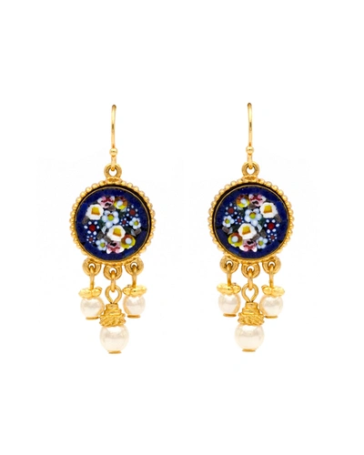 Shop Ben-amun 24k Gold-plated Triple Pearl Pendant Earrings In Gold Mosaic