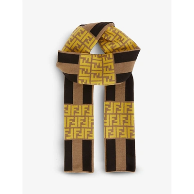 Shop Fendi Brand-pattern Fringed Wool Scarf In Brown Orange