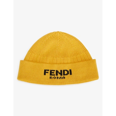 Shop Fendi Mens Yellow Roma Logo-knitted Cotton And Cashmere-blend Beanie Hat