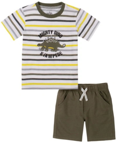 Shop Kids Headquarters Infant Boy 2-piece Striped Ss T-shirt And French Terry Shorts Set In Olive Green