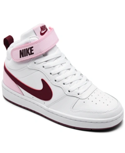Shop Nike Big Girls Court Borough Mid 2 Casual Sneakers From Finish Line In White, Dark Beetroot