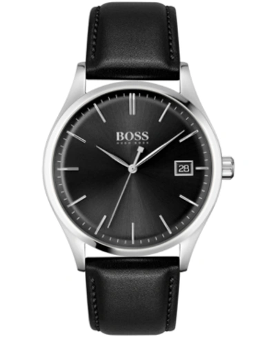 Shop Hugo Boss Men's Commissioner Black Leather Strap Watch 42mm Women's Shoes In Silver