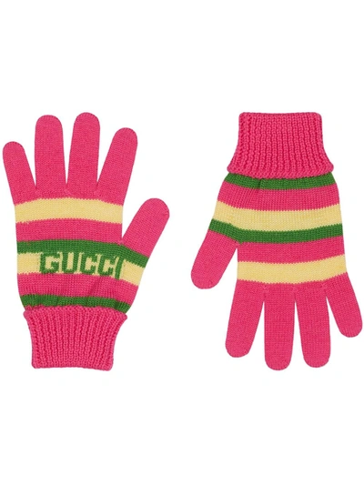 Shop Gucci Intarsia-logo Striped Gloves In Pink