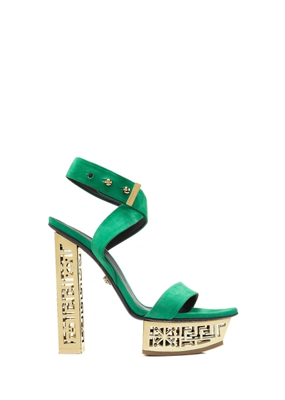 Versace #greek Suede Platform Sandals In Solid Green