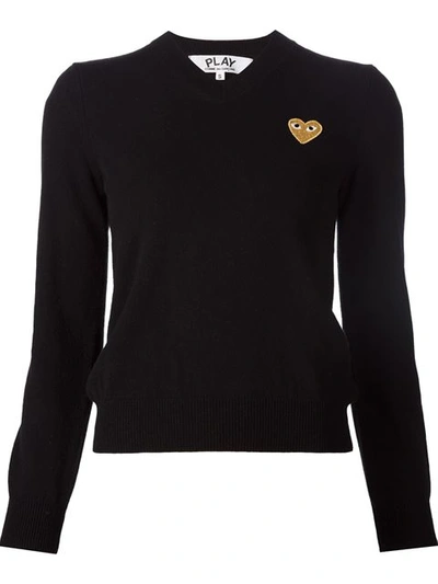 Comme Des Garçons Play Embroidered Heart V-neck Jumper In Black