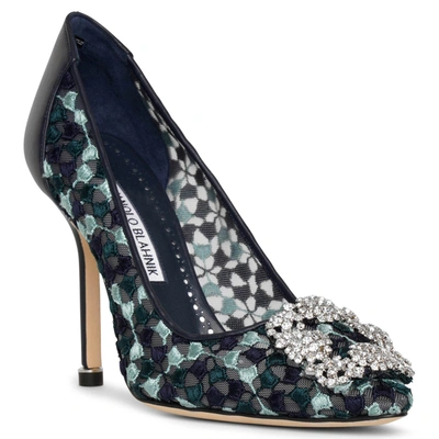 Shop Manolo Blahnik Hangisi 105 Blue Lace Pumps