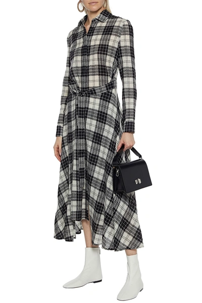 Shop Rosetta Getty Asymmetric Belted Checked Wool-gauze Midi Shirt Dress In Black
