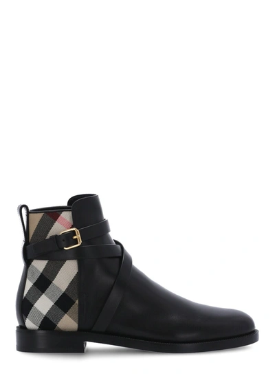 Shop Burberry Checked Panelled Boots In Black