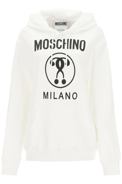 Shop Moschino Double Question Mark Print Drawstring Hoodie In White