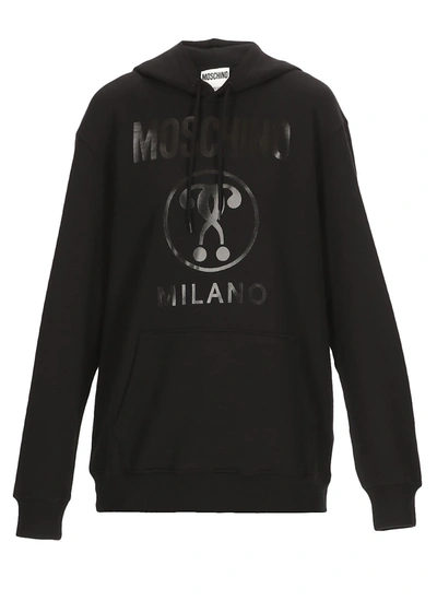 Shop Moschino Double Question Mark Printed Drawstring Hoodie In Black