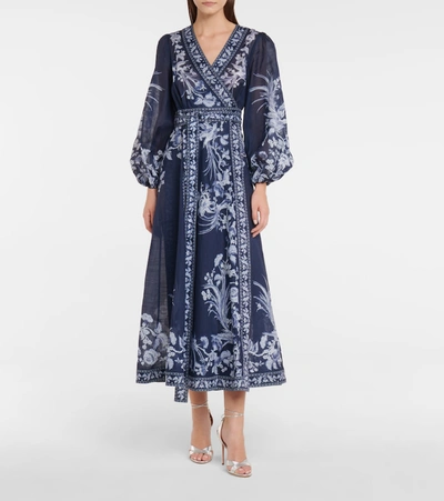 Shop Zimmermann Aliane Printed Cotton Wrap Dress In Blue