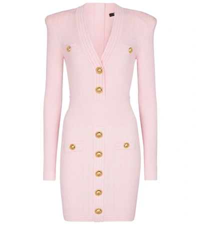 Shop Balmain Ribbed-knit Minidress In Pink