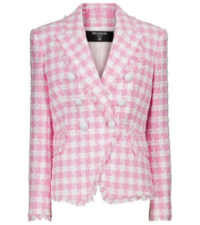 Shop Balmain Checked Cotton-blend Tweed Blazer In Pink