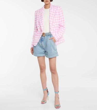 Shop Balmain Checked Cotton-blend Tweed Blazer In Pink