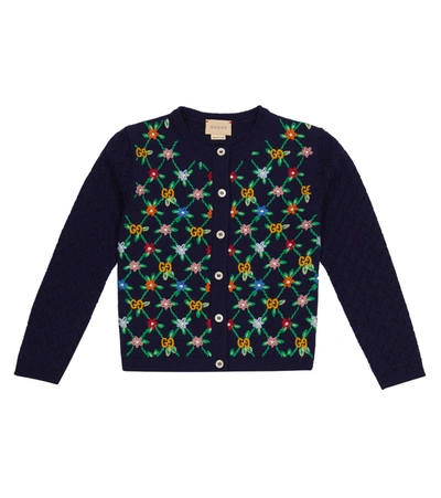 Shop Gucci Embroidered Wool-blend Cardigan In Blue