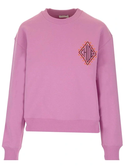 Shop Chloé Embroidered Patch Crewneck Sweatshirt In Pink