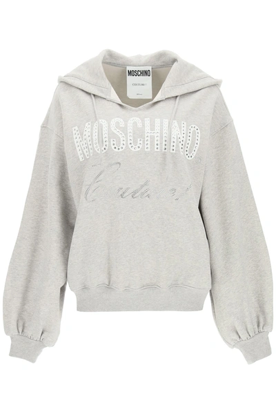 Shop Moschino Couture Logo Embellished Oversized Hoodie In Grey