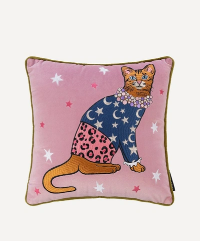 Shop Karen Mabon Moon And Stars Embroidered Cat Cushion In Multicoloured