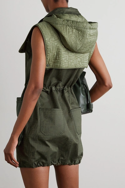 Shop Fendi Hooded Printed Cotton-blend Gabardine And Quilted Shell Mini Dress In Green