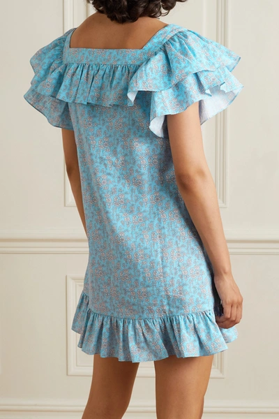 Shop The Vampire's Wife The Cry Baby Ruffled Floral-print Cotton And Linen-blend Mini Dress In Blue