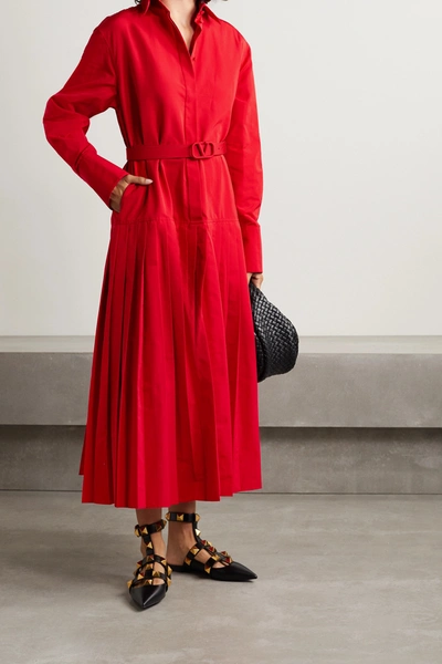 Shop Valentino Belted Pleated Cotton-blend Faille Midi Shirt Dress In Red