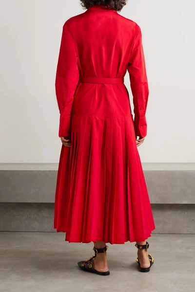 Shop Valentino Belted Pleated Cotton-blend Faille Midi Shirt Dress In Red