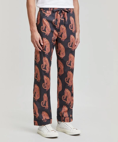 Shop Desmond & Dempsey Mens Sansindo Tiger Print Cotton Pyjama Trousers In Black