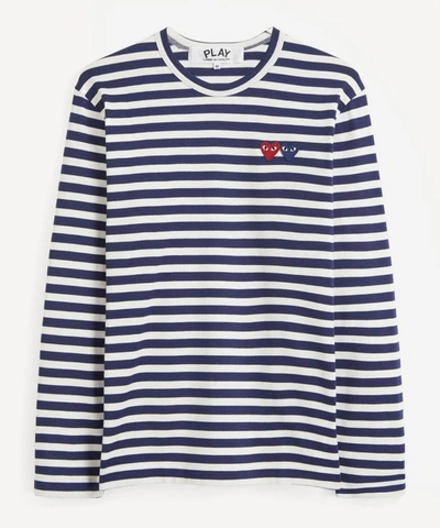 Shop Comme Des Garçons Play Mens Double-logo Striped Cotton Long-sleeve T-shirt In Navy