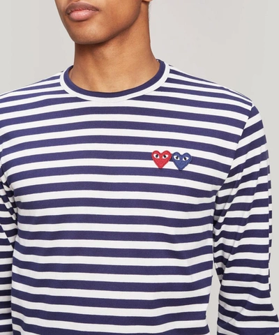 Shop Comme Des Garçons Play Mens Double-logo Striped Cotton Long-sleeve T-shirt In Navy